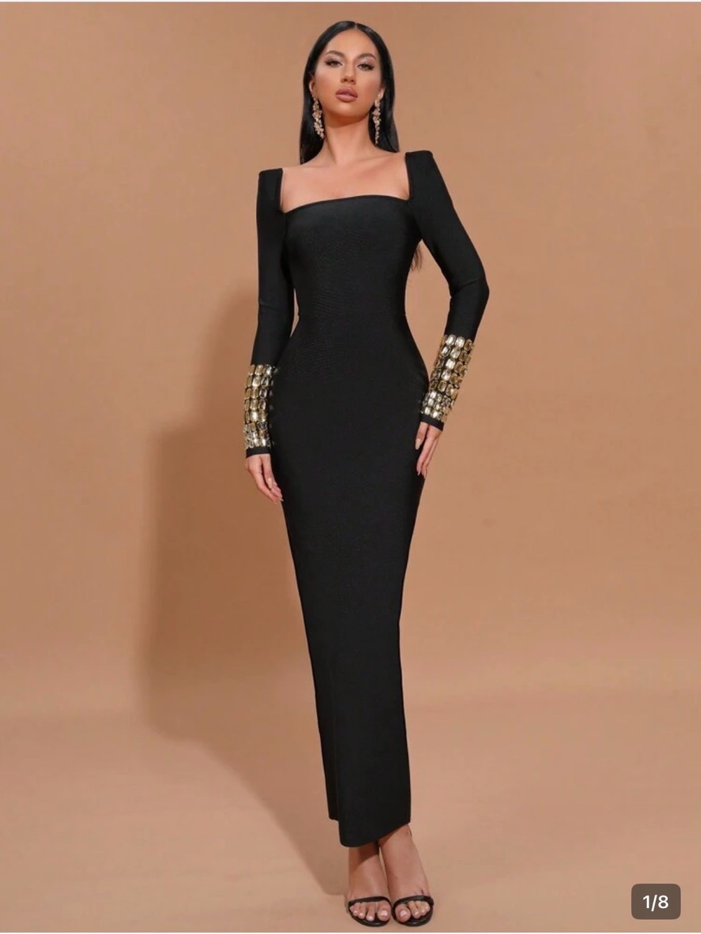 Elegant Black Long-Sleeve Maxi Dress with Gold Cuff Detail - Picture 2 of 4
